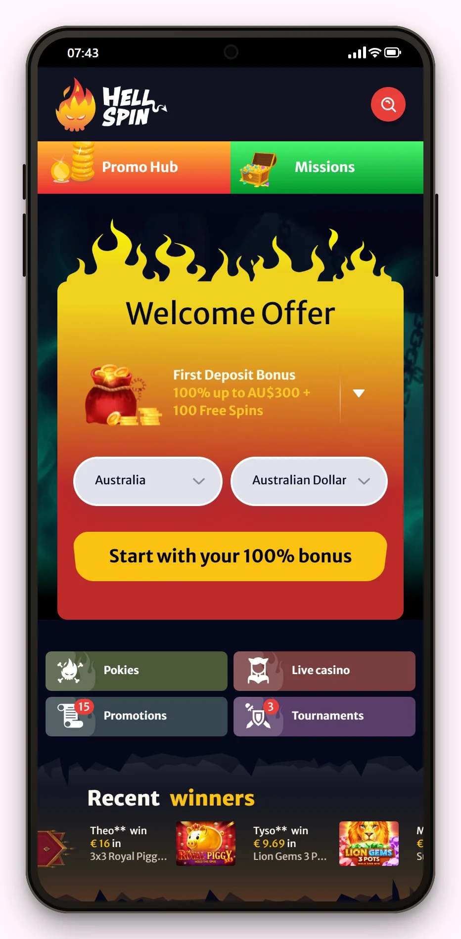 flexepin casino australia: HellSpin mobile lobby